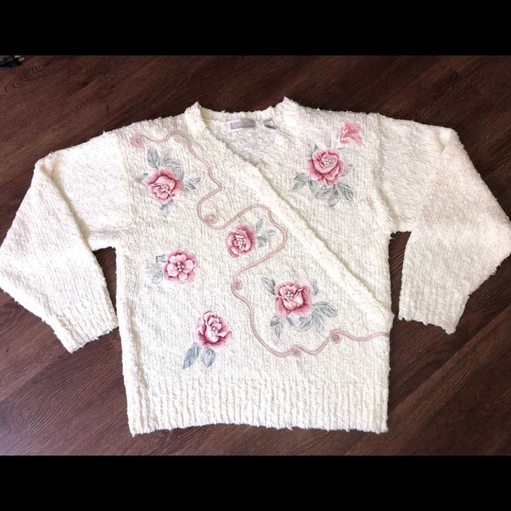 Vintage '80s Karen Scott Boucle Floral Embellished Sweater Grandma Cottage L/XL